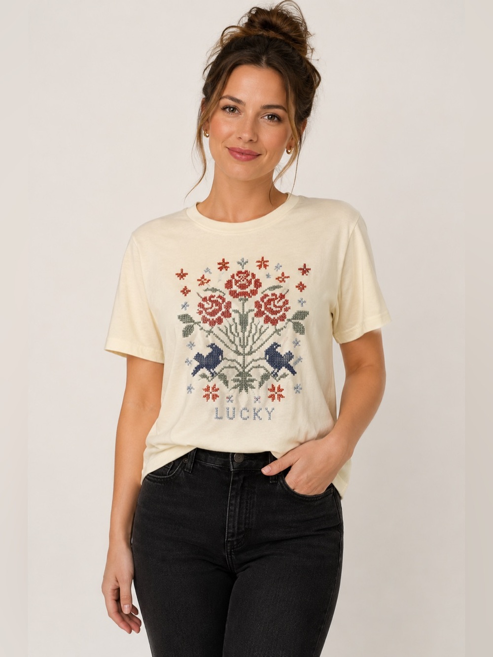 Lucky Brand Embroidered Cross Stitch Floral Bird Tee Ivory S